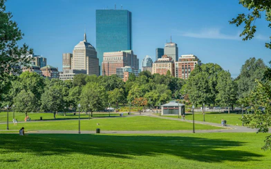 Boston Common with city skyline, part of the Freedom Trail self-guided audio walking tour.