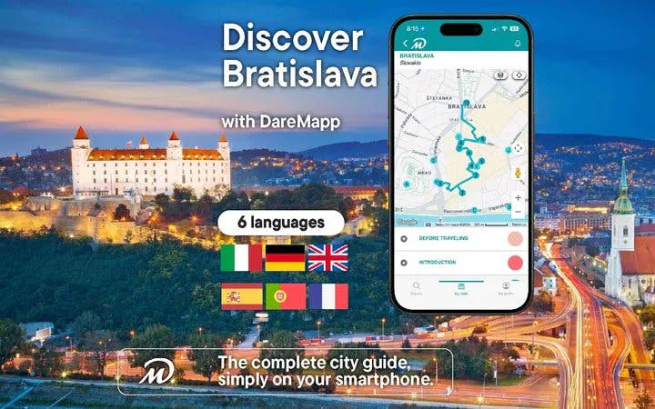 Bratislava castle and cityscape with mobile app map for self-guided walking tour.
