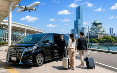 Private charter van with travelers and luggage near Osaka Castle and Kansai Airport.