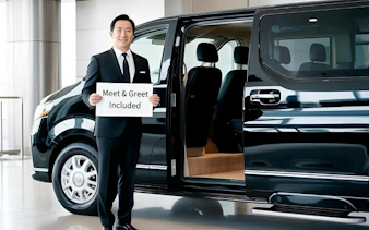 Private airport transfer service in Nagoya with meet and greet, featuring a black van.