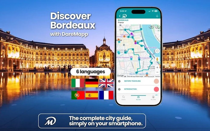 Bordeaux walking tour app interface with city map and languages displayed.