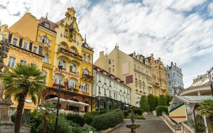 Karlovy Vary historic buildings and staircase on self-guided walking tour, Prague.