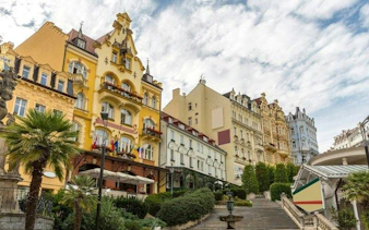 Karlovy Vary historic buildings and staircase on self-guided walking tour, Prague.