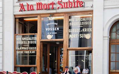 Brussels café exterior with "À la Mort Subite" sign, part of self-guided beer tour.