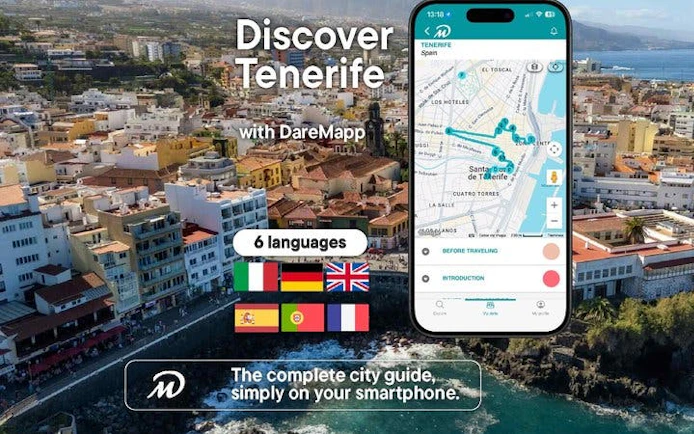 Tenerife cityscape with mobile app map for self-guided walking tour.