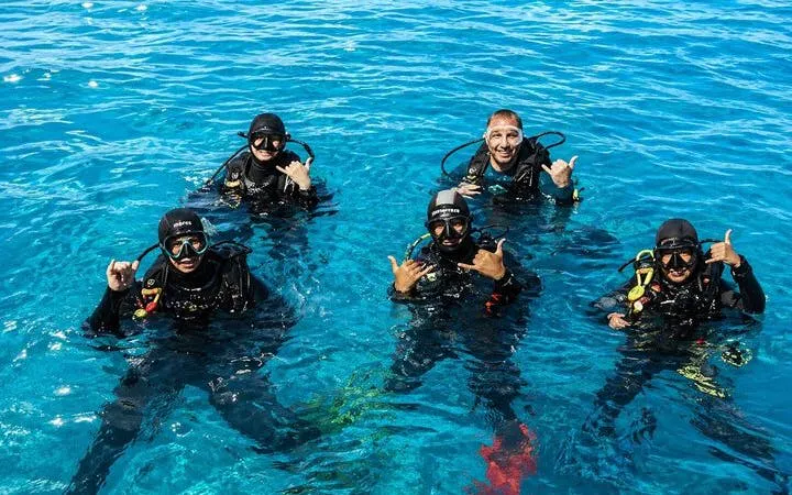 Snorkelers and divers in clear blue water during Tiran Island day trip from Sharm El-Sheikh.