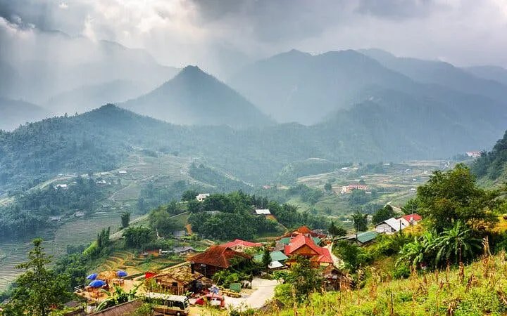 Sapa village landscape with terraced fields and mountains, Vietnam.