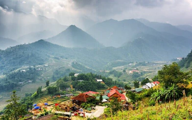 Sapa village landscape with terraced fields and mountains, Vietnam.
