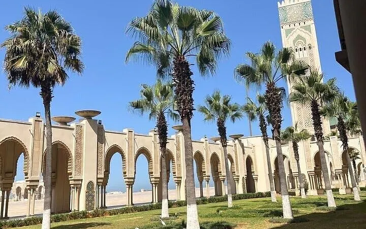 Hassan II Mosque arches and palm trees in Casablanca during Marrakesh excursion.