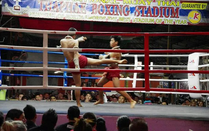 Muay Thai fighters in action at Thapae Stadium, Chiang Mai.