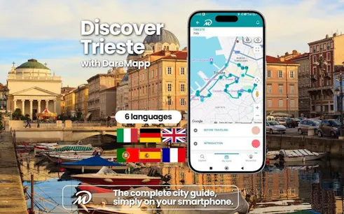 Trieste canal view with mobile app interface for self-guided walking tour.