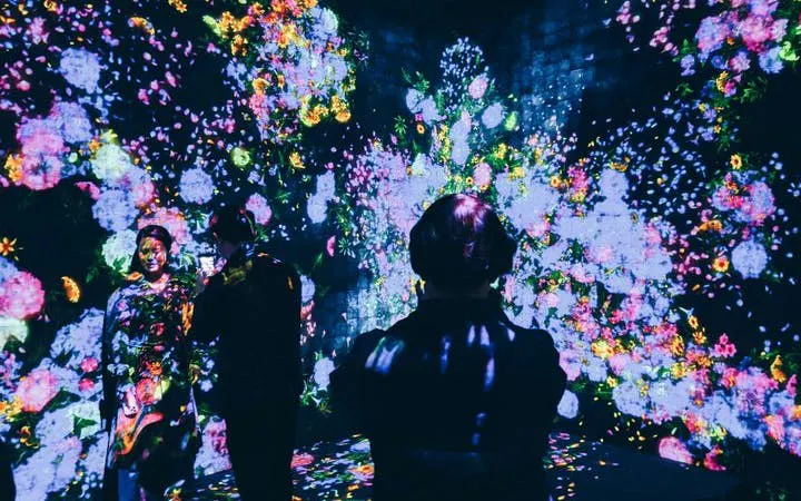 teamLab Borderless digital art exhibit in Tokyo with colorful floral projections.