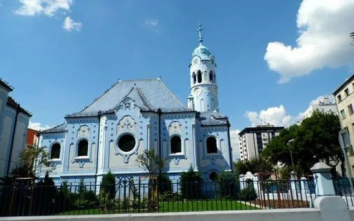 Blue Church in Bratislava on a sunny day, part of self-guided audio tour.