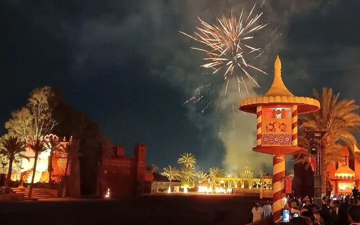 Fireworks over Chez Ali venue during folklore show in Marrakesh.