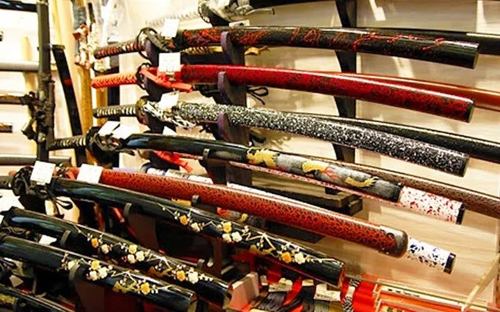 Samurai swords displayed in a specialty shop during Tokyo Asakusa walking tour.