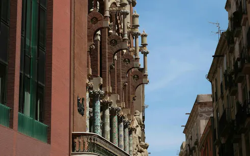 Palau de la Música's ornate facade with colorful columns in Barcelona's El Born district.