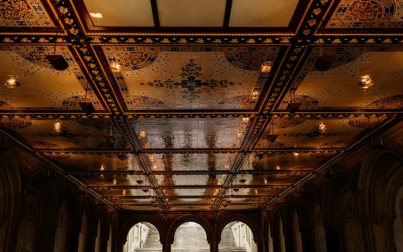 Bethesda Terrace Arcade ceiling with intricate tile design, Central Park, New York.