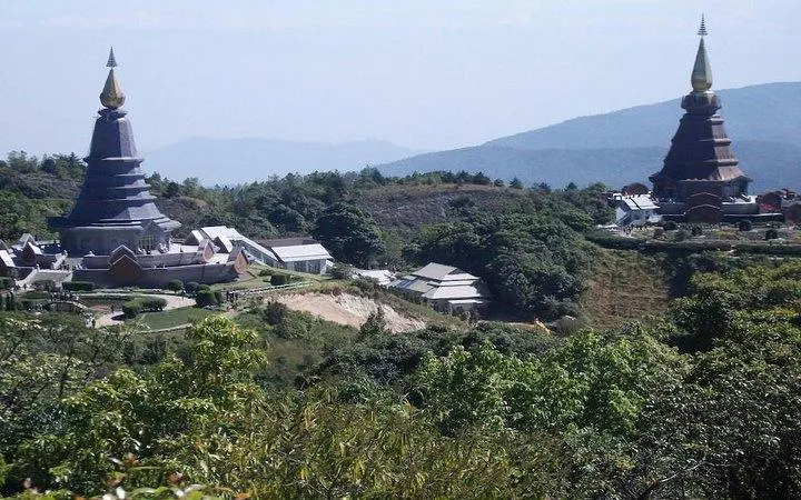 Twin pagodas at Doi Inthanon National Park, surrounded by lush greenery, Chiang Mai.