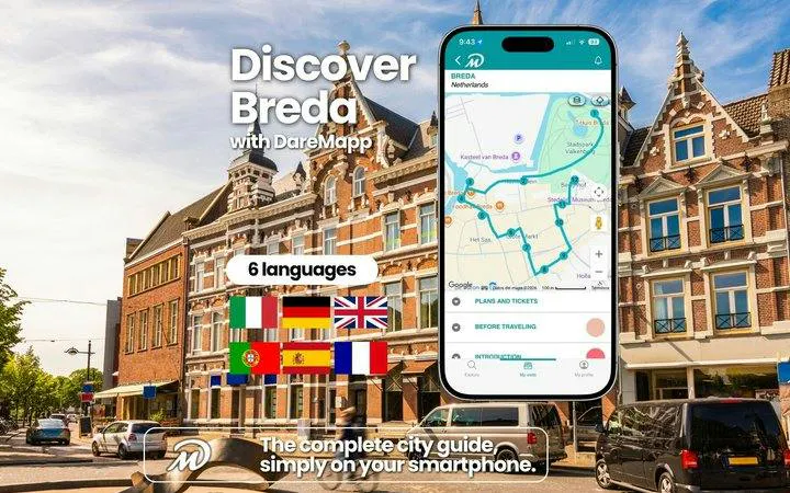 Breda city guide app displayed on smartphone with historic buildings in background.