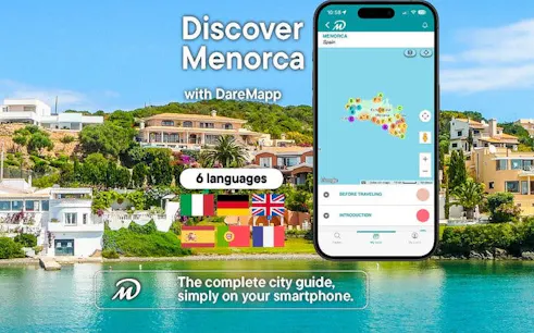 Menorca walking tour app interface with map and waterfront view.
