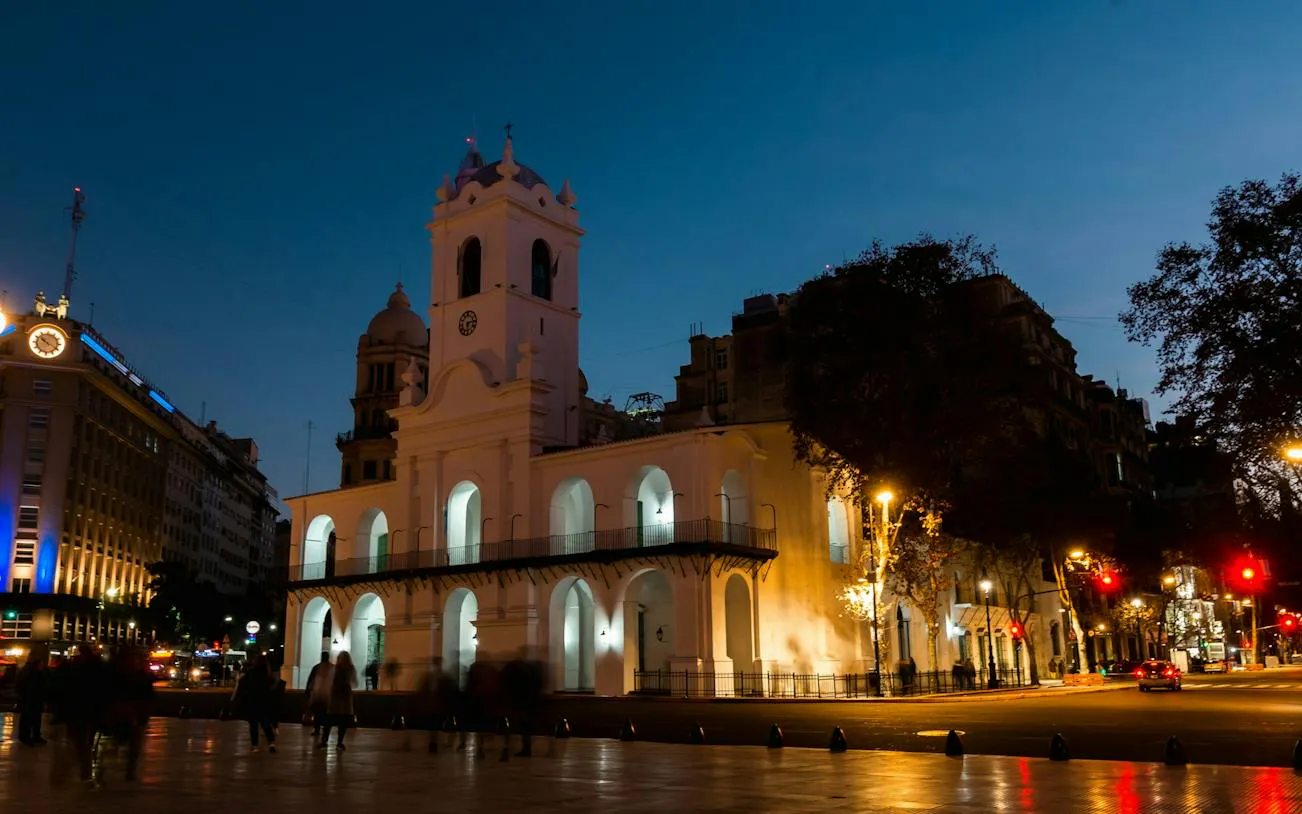 Cabildo at night in Plaza de Mayo, Buenos Aires, part of self-guided audio walking tour.
