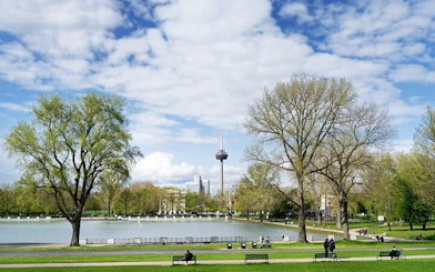 Cologne park with trees and pond, TV tower in background, part of haunted city exploration game.