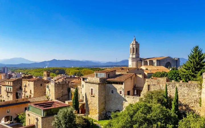 Girona cityscape with Cathedral of Girona, view from self-guided walking tour app.