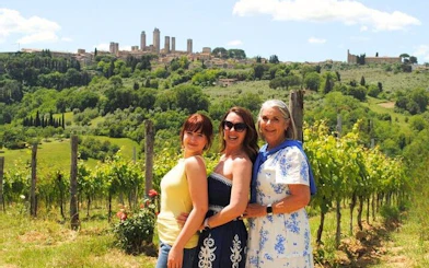 Vineyard in Tuscany with view of San Gimignano towers in the background.