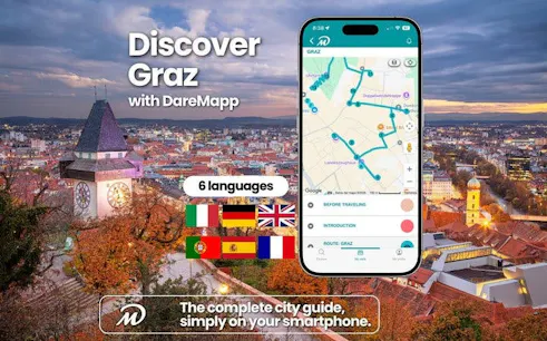 Graz cityscape with mobile app map for self-guided walking tour.