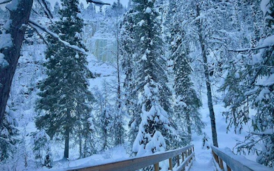 Korouoma Canyon snowy forest trail with frozen waterfalls, Rovaniemi hiking tour.