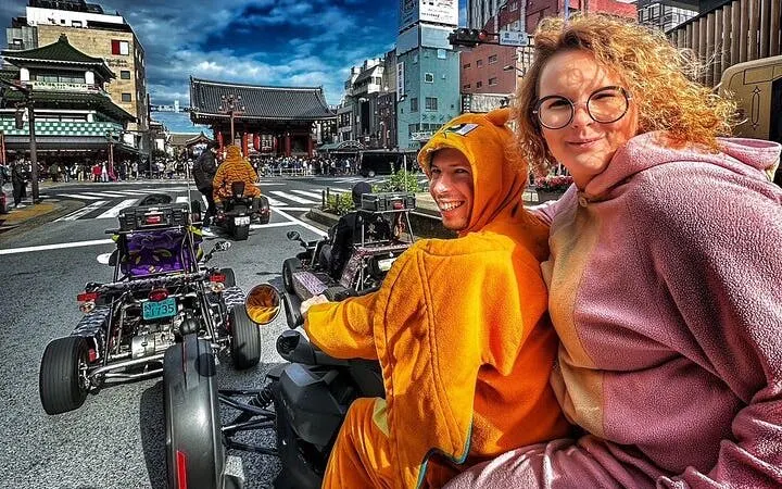 Can-am Ryker riders in costumes cruising near Senso-ji Temple, Asakusa, Tokyo.