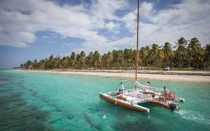 Sailing catamaran near palm-lined beach in Punta Cana Natural Reserve.