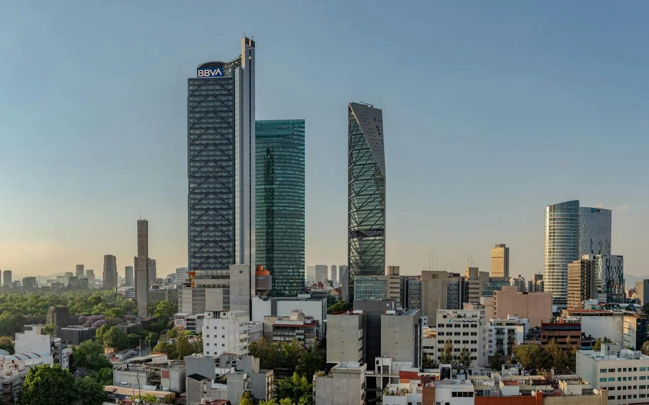 Mexico City skyline with modern skyscrapers along Paseo de la Reforma.