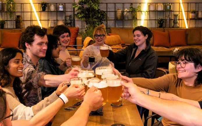 Group enjoying beer tasting on Bratislava food tour with local guide.