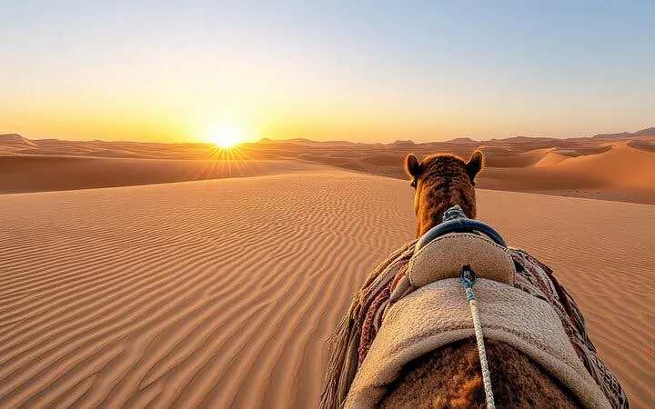 Camel ride at sunrise in desert dunes during morning safari.