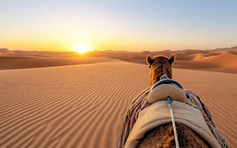 Camel ride at sunrise in desert dunes during morning safari.