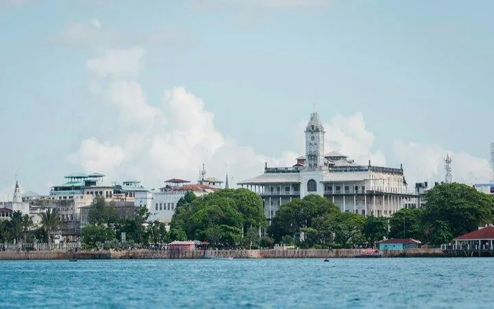Zanzibar waterfront view with historic buildings seen from a semi-submarine cruise.