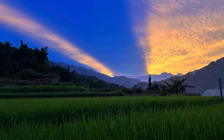 Sunset over rice fields in Sapa Valley with mountains in the background.