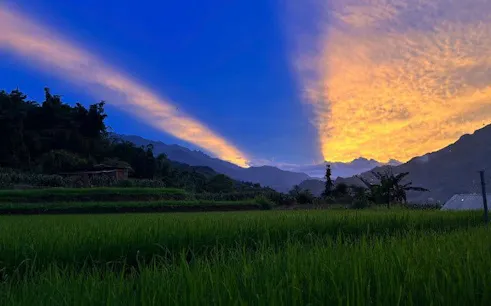 Sunset over rice fields in Sapa Valley with mountains in the background.