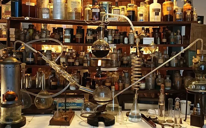 Artisan workshop with glassware and bottles in Florence tour demonstration.