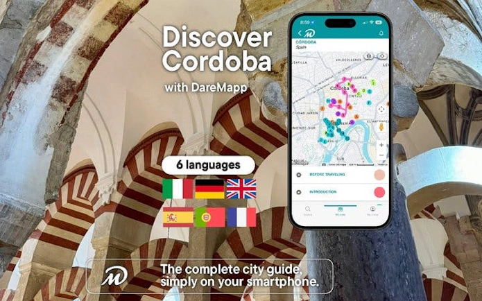 Cordoba mobile museum tour app with map and multilingual options displayed on smartphone.