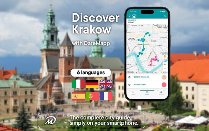 Krakow walking tour app interface with Wawel Castle in the background.