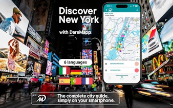 New York self-guided walking tour app displayed on smartphone in Times Square.