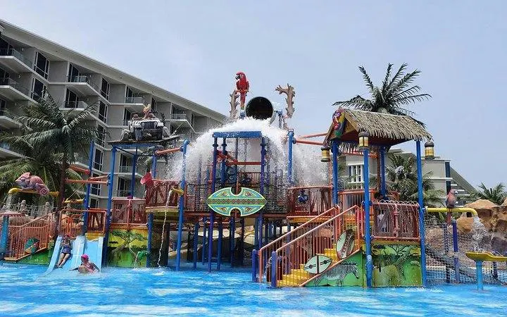 Splash Jungle Water Park play area with water slides and splash bucket, Phuket.