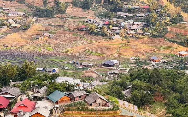 Sapa rice terraces and village view from motorbike tour, Vietnam.
