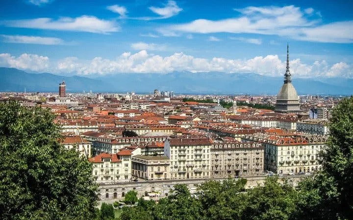 Turin cityscape with Mole Antonelliana, view from above, Italy.