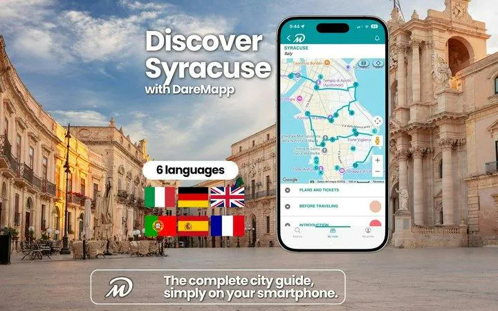 Syracuse walking tour app displayed on smartphone with city map, Siracusa landmarks in background.