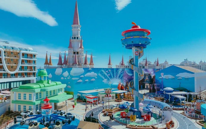 The Land of Legends Theme Park with colorful rides and castle-like structures.