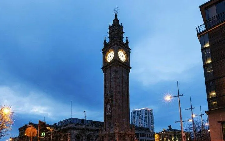 Albert Memorial Clock Tower at dusk, Belfast Self-Guided Audio Walking Tour.