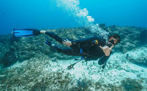 Scuba diver exploring coral reef in Hurghada during beginner diving tour.